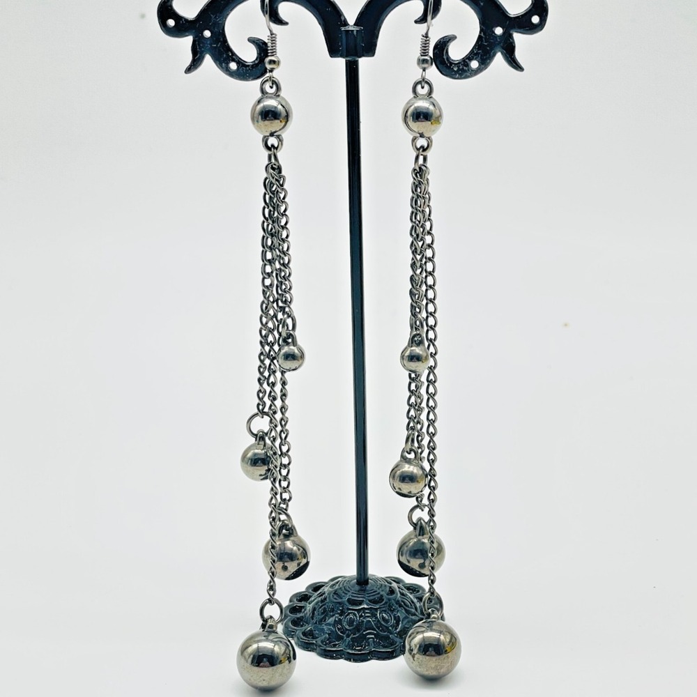 Vintage Gunmetal Ball Chain Pierced Earrings Long Dangle Statement